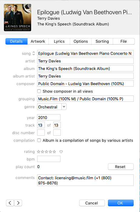 example of a song submitted with correct metadata for a recording of a public domain composition